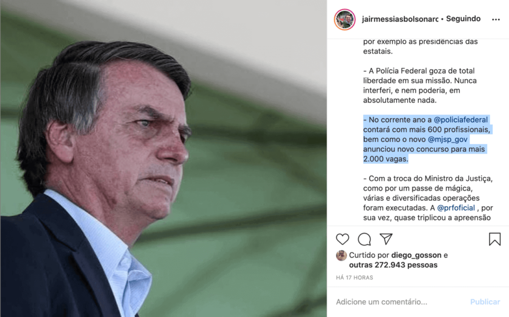 Bolsonaro anuncia concurso Polícia Federal no Instagram